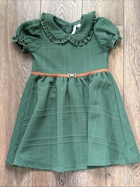 Janie and Jack Forest Green Textured Dress with Tan Belt